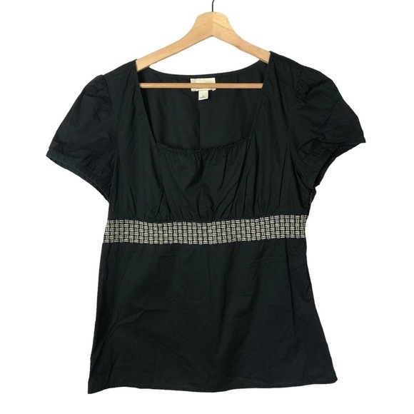 Ann Taylor LOFT Black Babydoll Belted Waist Short Sleeve Blouse 12 - Picture 1 of 2